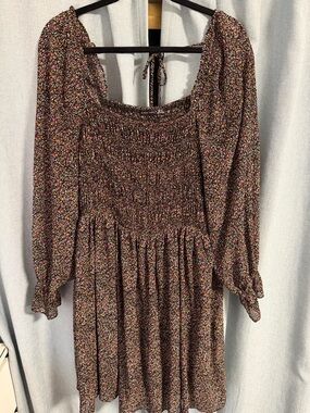 Black Tape_ Brown Floral Smocked Long-Sleeve Mini Dress with Pink Accents